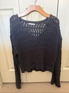 American Eagle Outfitters Black Open-Knit V-Neck Sweater